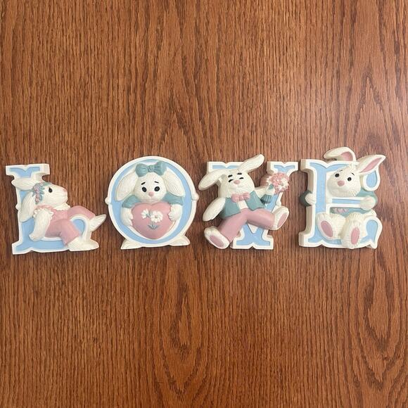 Vintage Burwood Wall Decor LOVE Bunny Rabbits Nursery Girl Boy Room Pink Blue - Picture 2 of 8